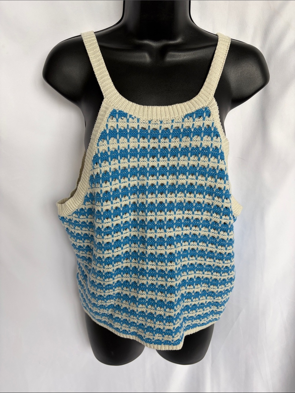 Freshman VINTAGE STYLE KNIT STRIPE CREAM BLUE Sweater top, XL, 20” PTP 22” L